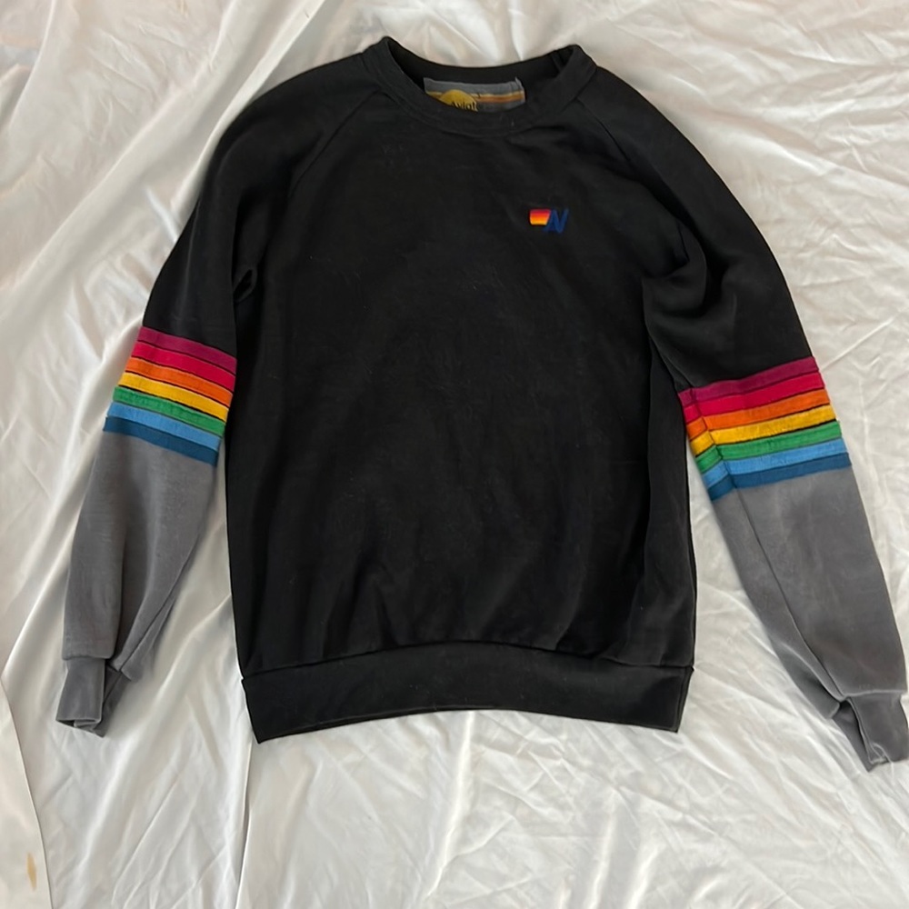 RAINBOW STITCH SLEEVE CREW SWEATSHIRT - CONTRAST SLEEVES- SIZE SMALL